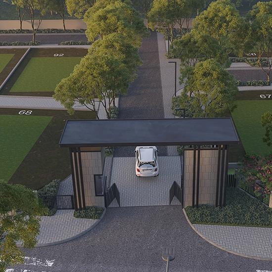 Grand entrance gate of Godrej Verdania Estate with security access and landscaped surroundings