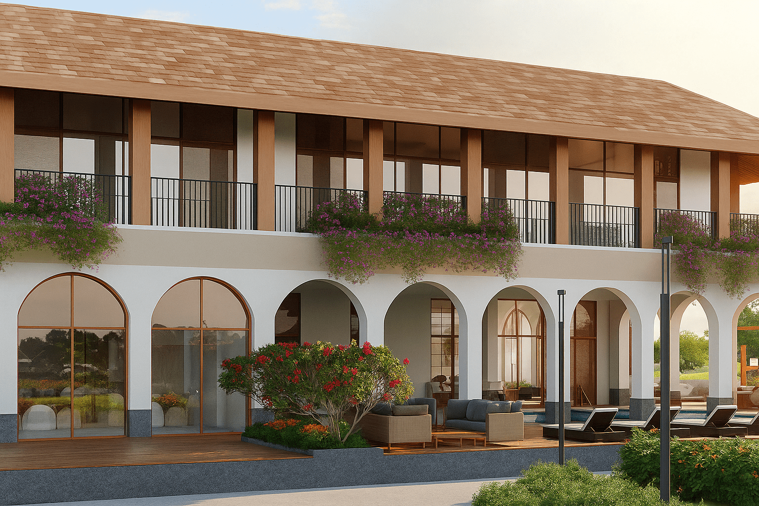 Clubhouse design with seating area, arched windows, and lush landscaping at Godrej Verdania Estate.