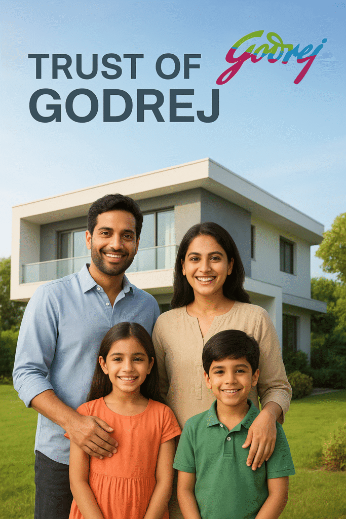 Happy family standing in front of a modern home, representing trust and reliability at Godrej Verdania Estate Indore.