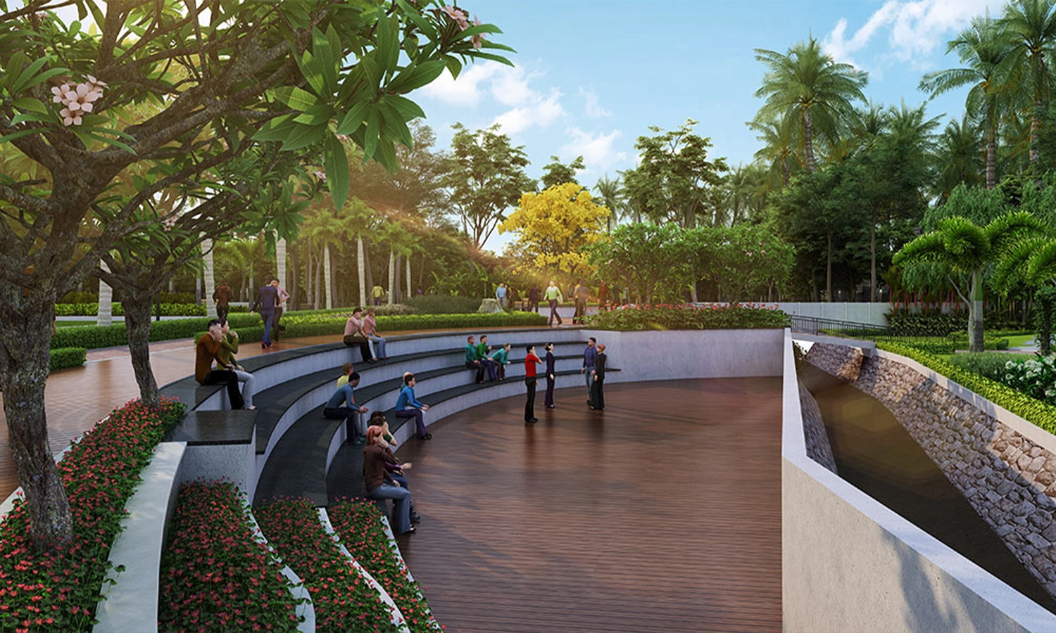 Outdoor landscaped amphitheater with seating steps and greenery.