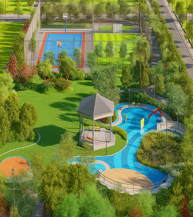 Aerial view of landscaped central park with kids’ play zone, splash water park, gazebo, and outdoor sports court at Godrej Verdania Estate.